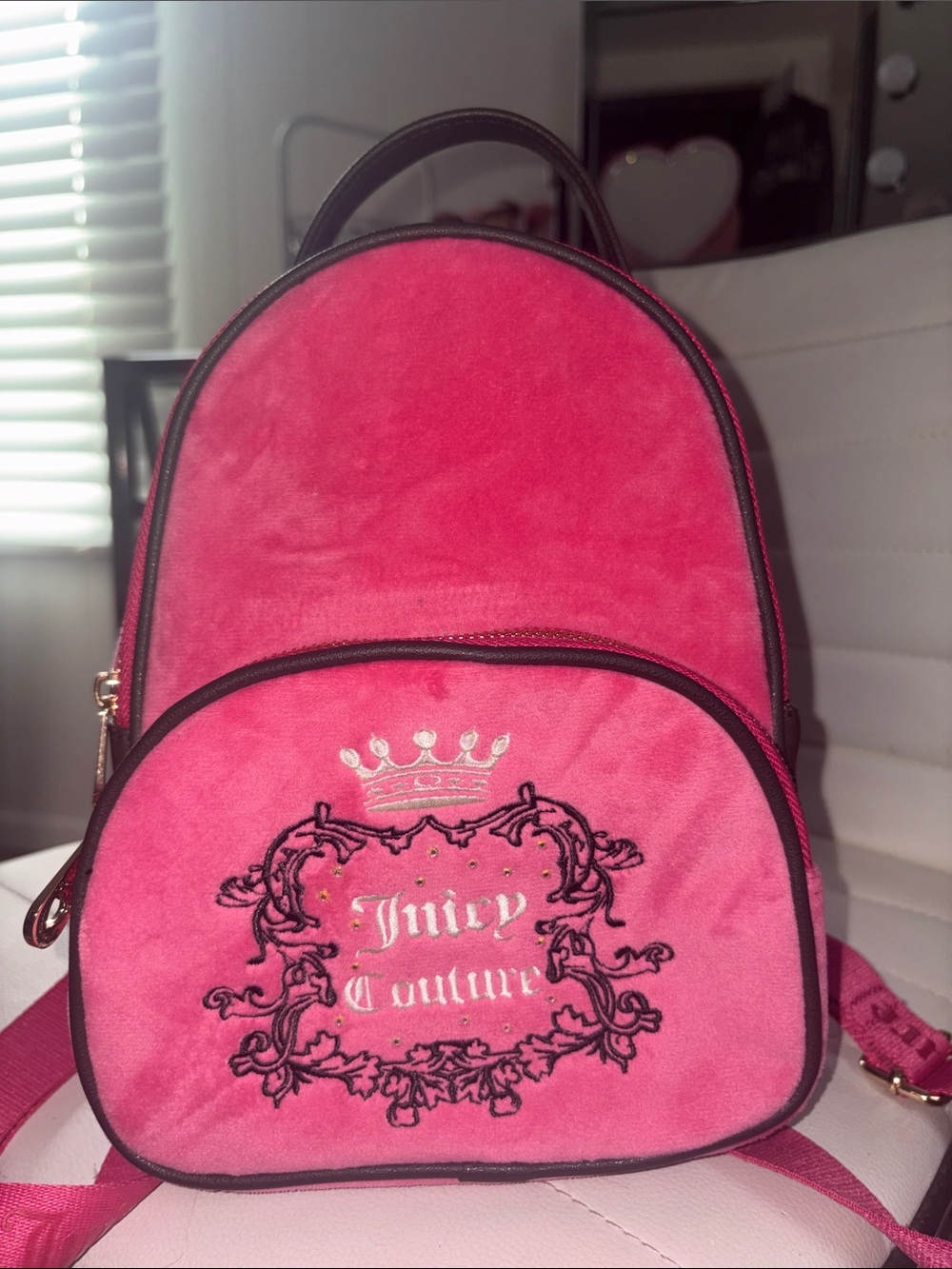 Juicy Couture Hot Pink Velvet Mini Backpack with Embroidered Crest